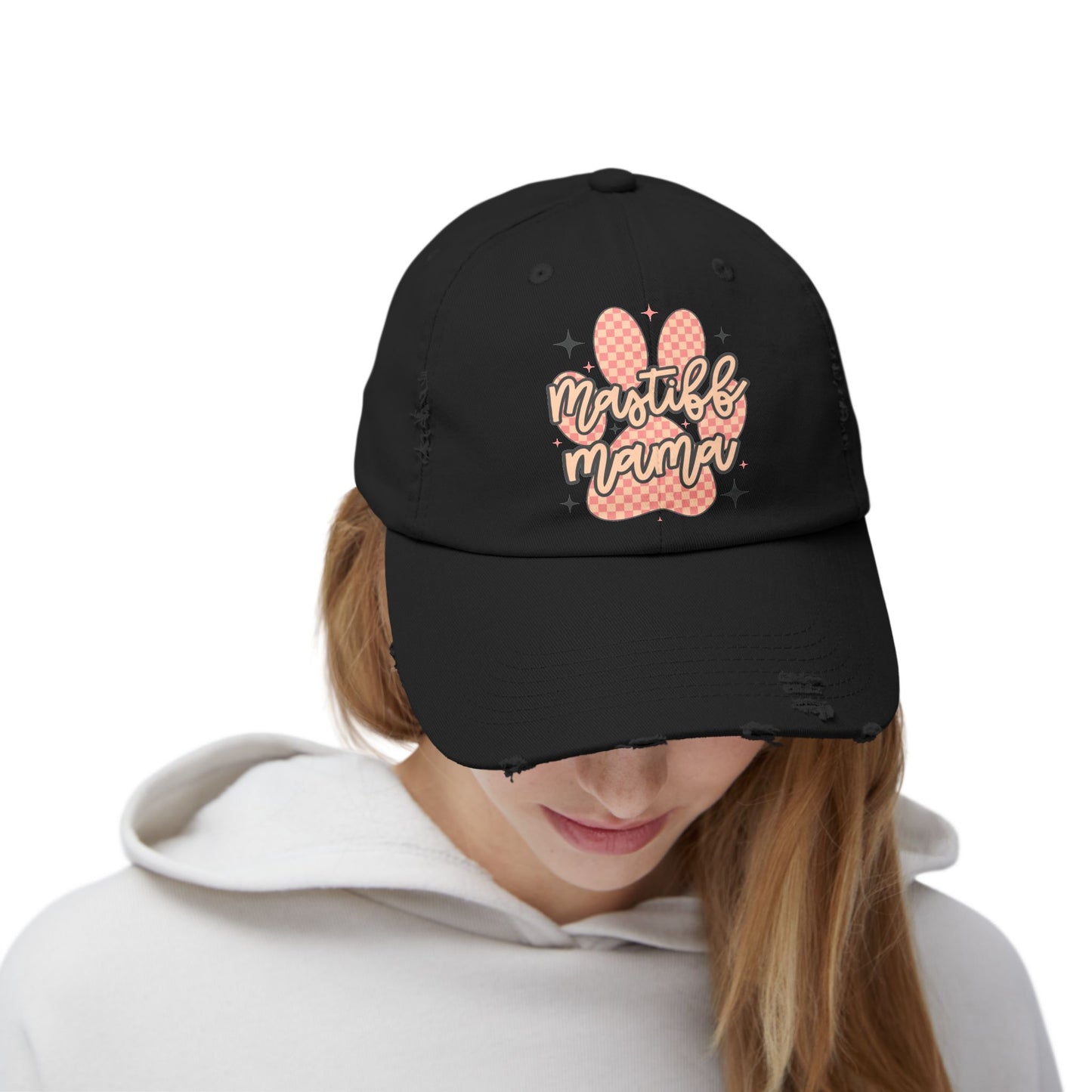 Mastiff Mama Check Paw <Unisex Distressed Cap