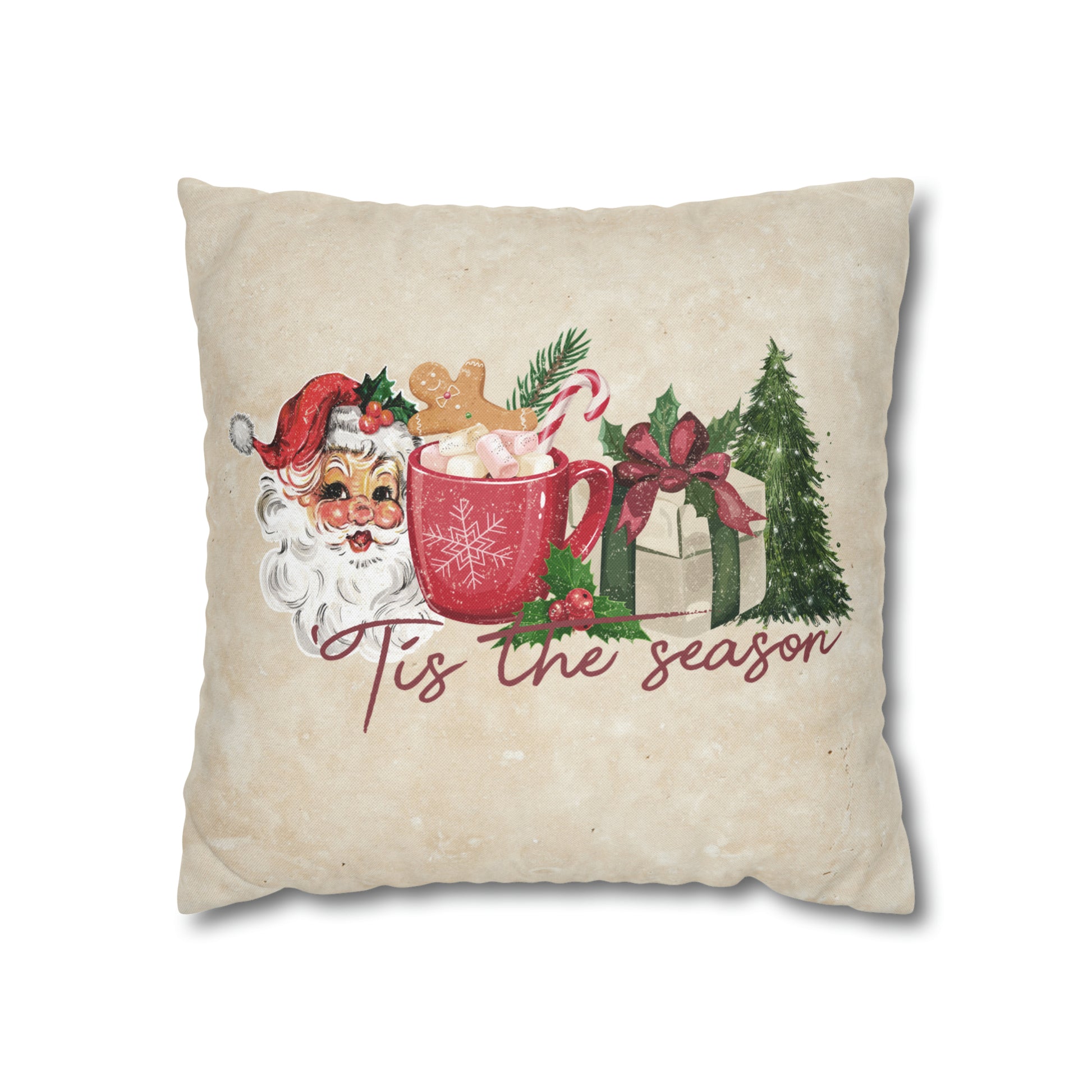 Tis The Season Vintage Santa Spun Polyester Square Pillow Case