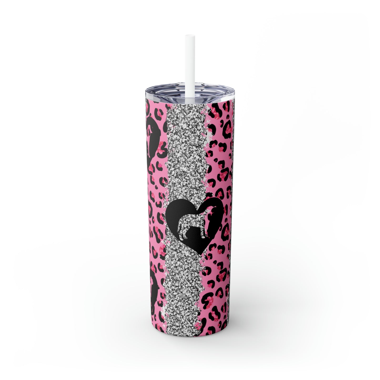 New Pink Leopard Mastiff Skinny Tumbler with Straw, 20oz Glossy White 20oz