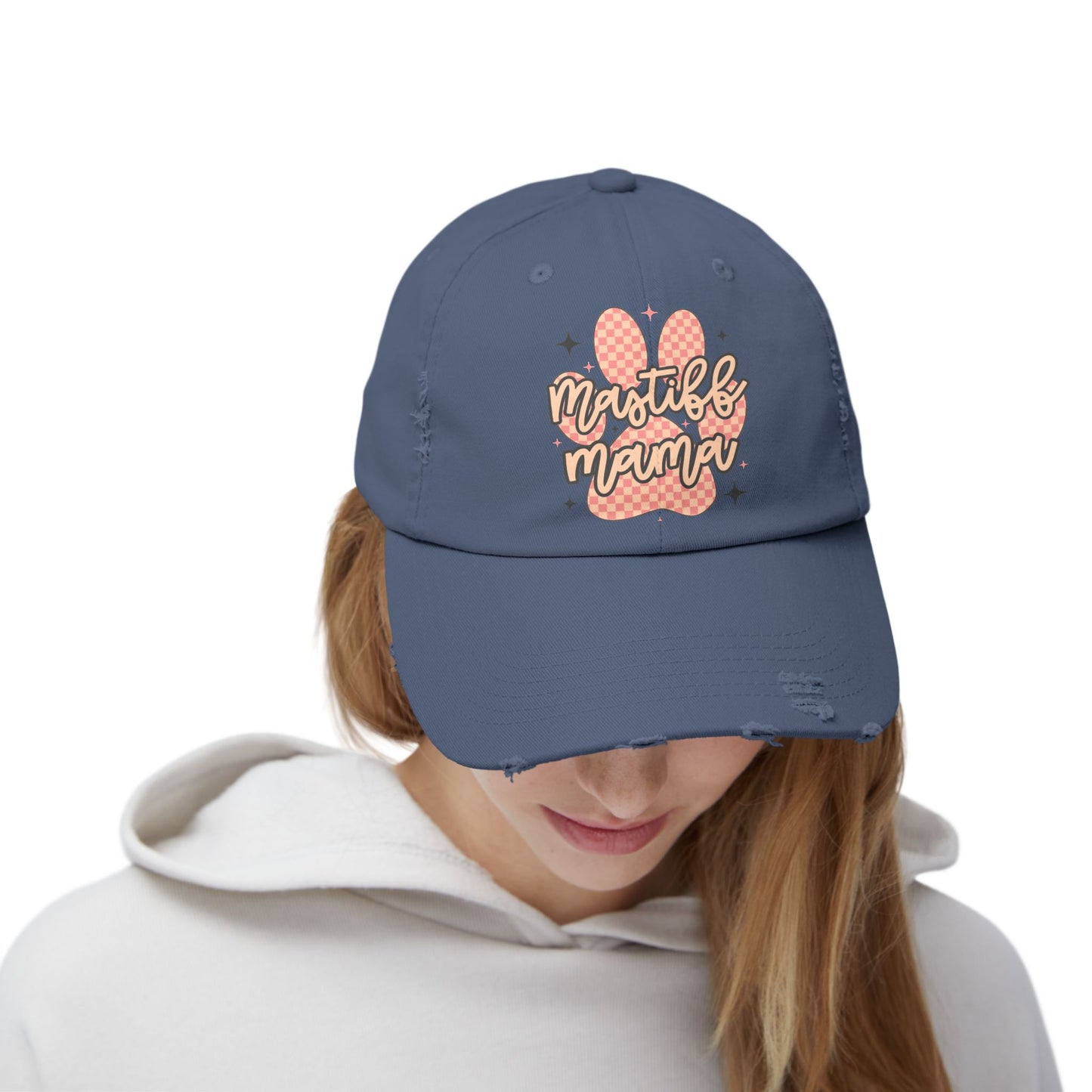 Mastiff Mama Check Paw  <Unisex Distressed Cap