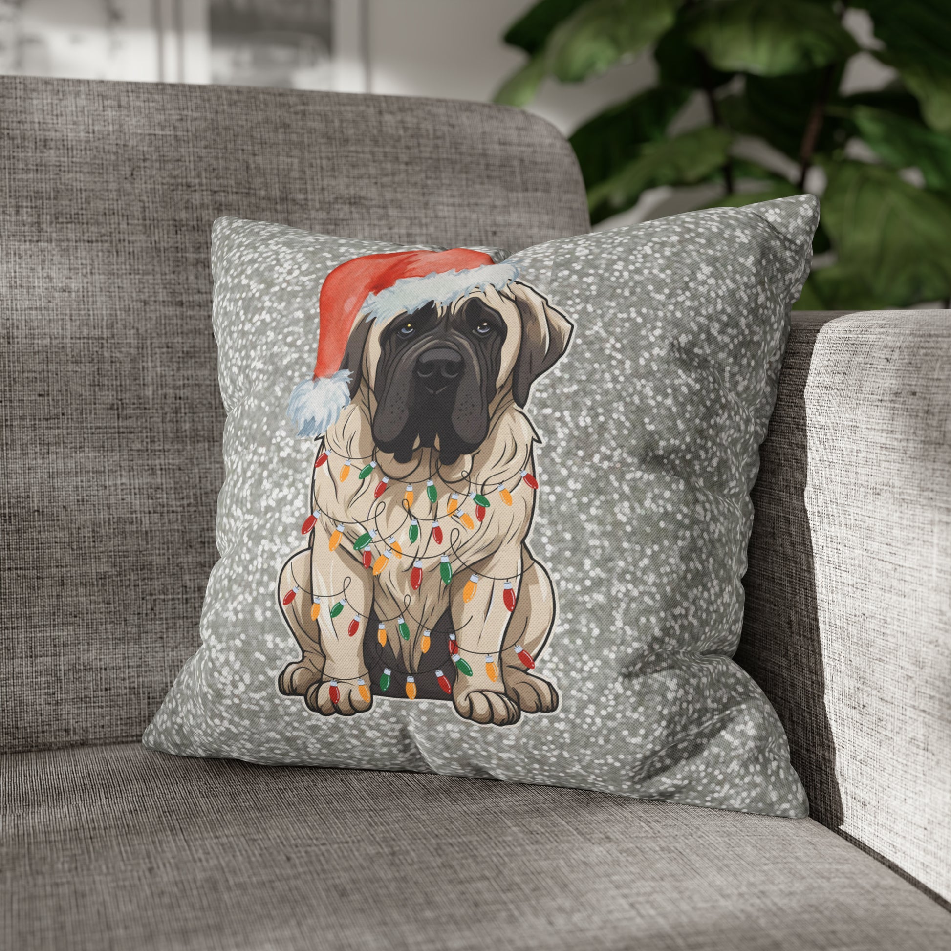 Mastiff Tangled in Lights Spun Polyester Square Pillow Case