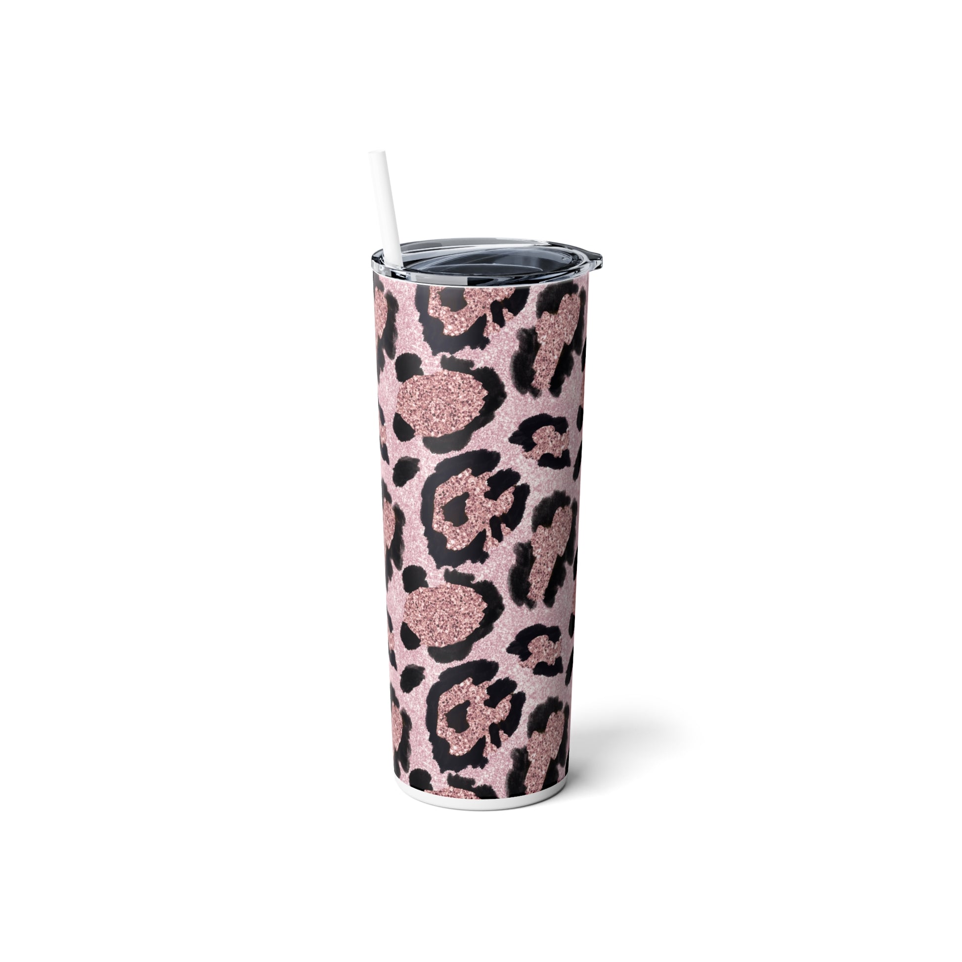 Pink Glitter Leopard Skinny Steel Tumbler with Straw, 20oz