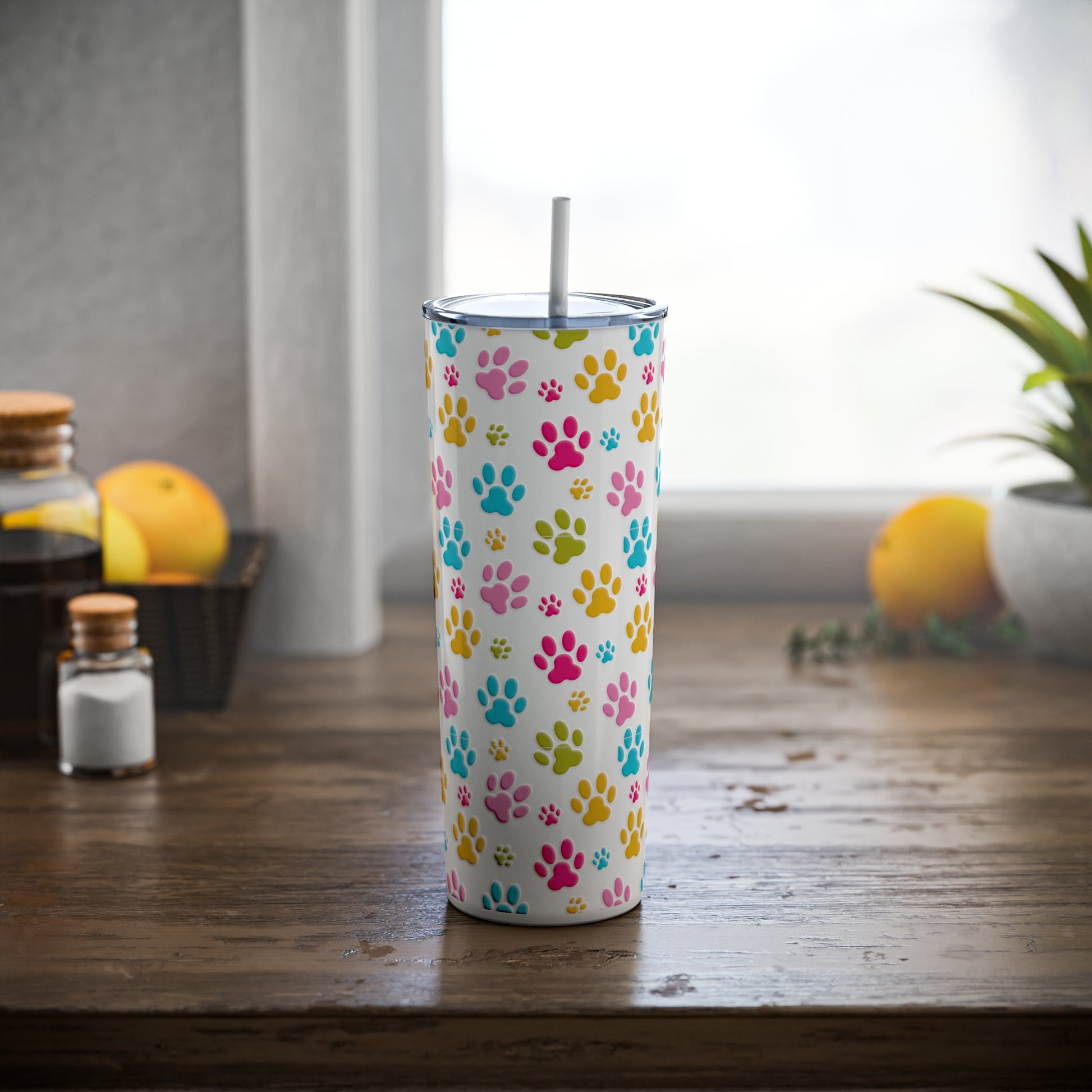 Paw Prints Skinny Steel Tumbler with Straw, 20oz