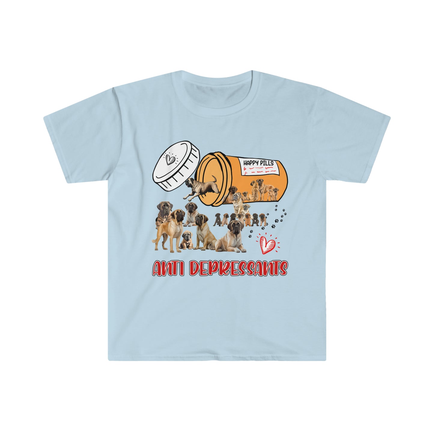 English Mastiffs Anti Depressants Unisex Softstyle T-Shirt Light Blue