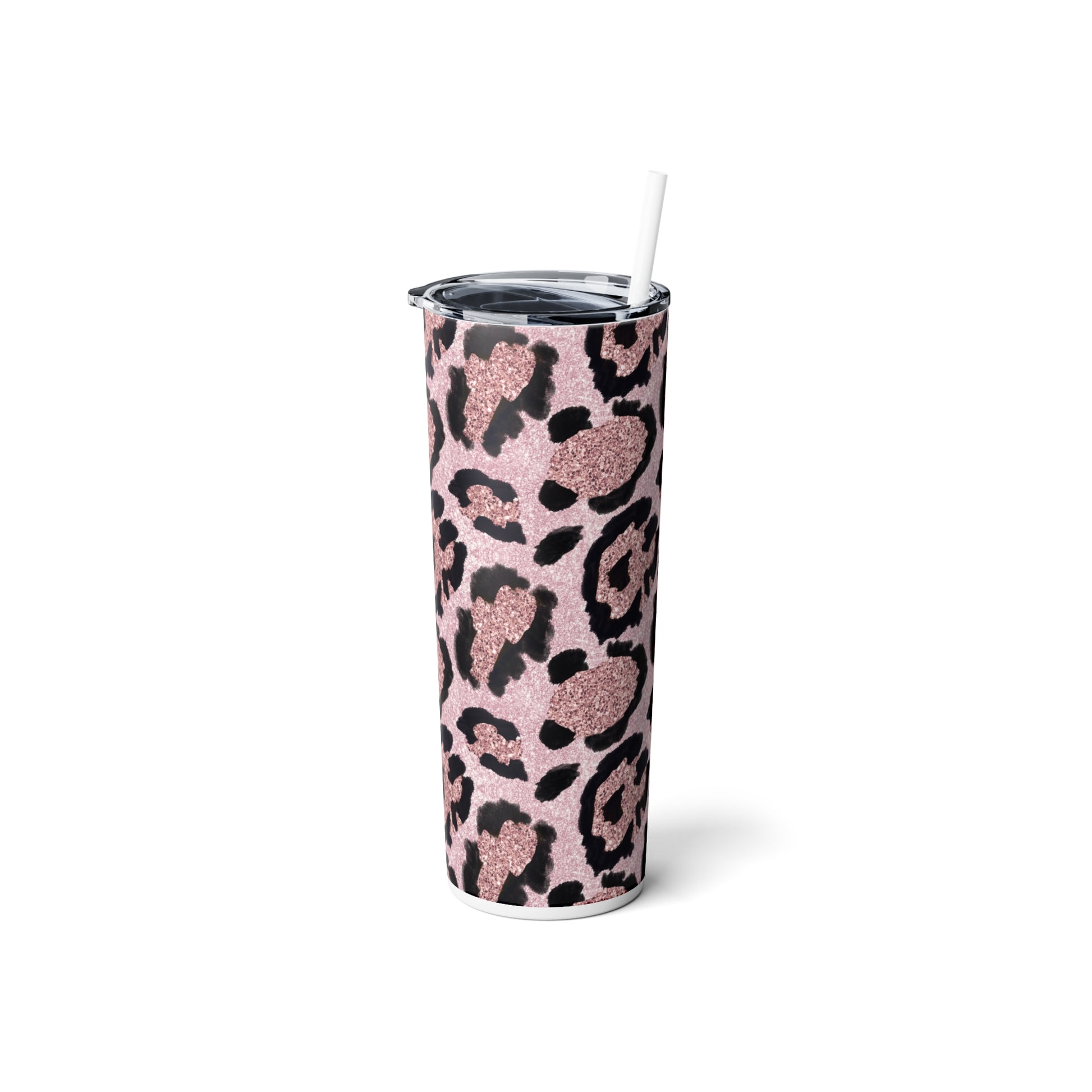 Pink Glitter Leopard Skinny Steel Tumbler with Straw, 20oz