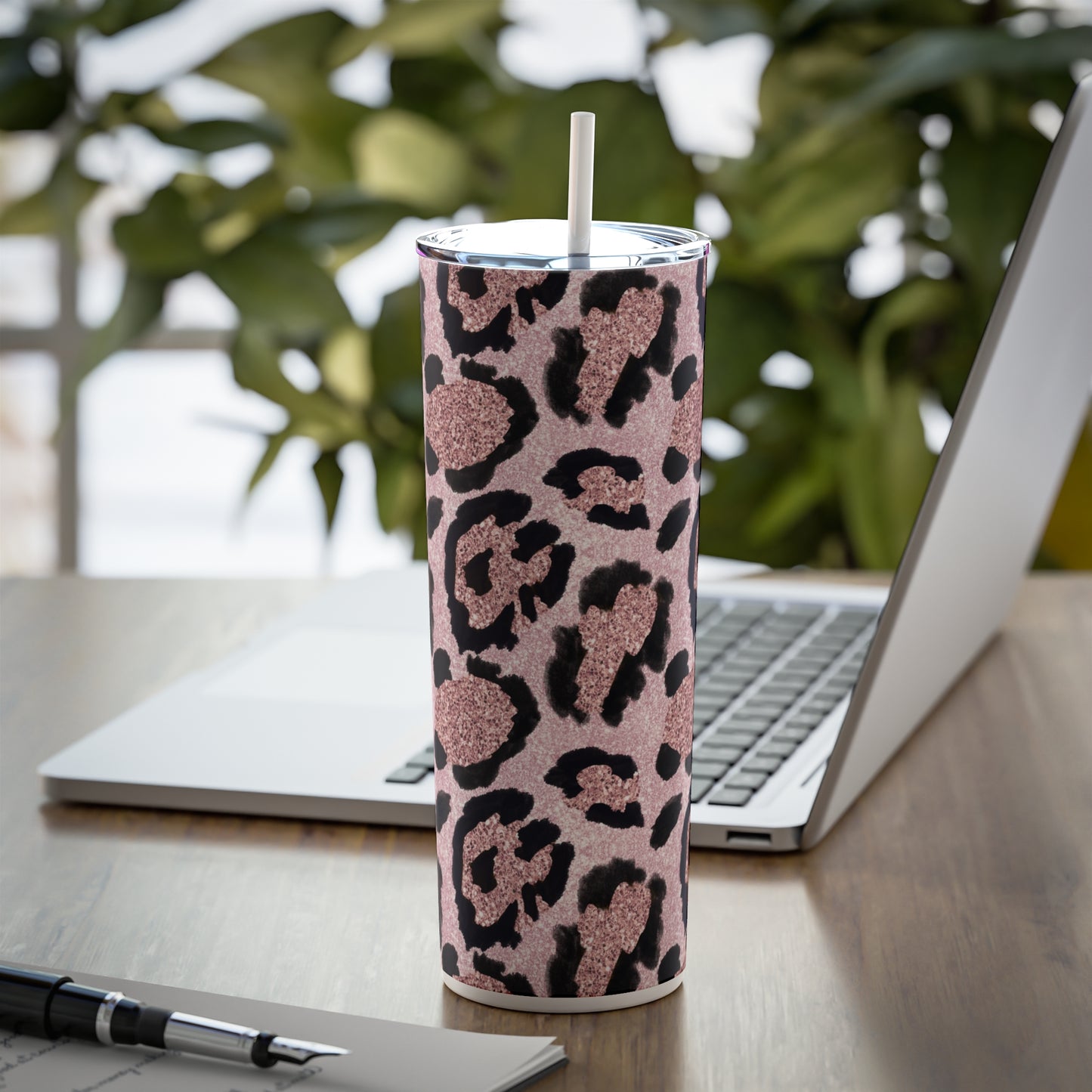 Pink Glitter Leopard Skinny Steel Tumbler with Straw, 20oz