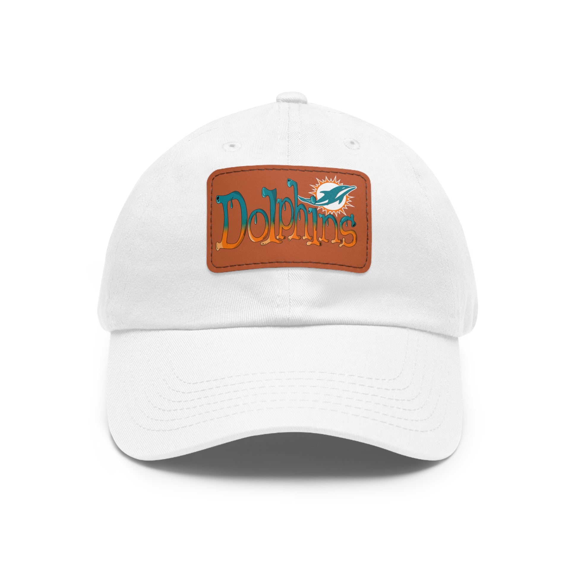 Miami Dolphins Dad Hat with Leather Patch (Rectangle) White / Light Brown patch Rectangle One size