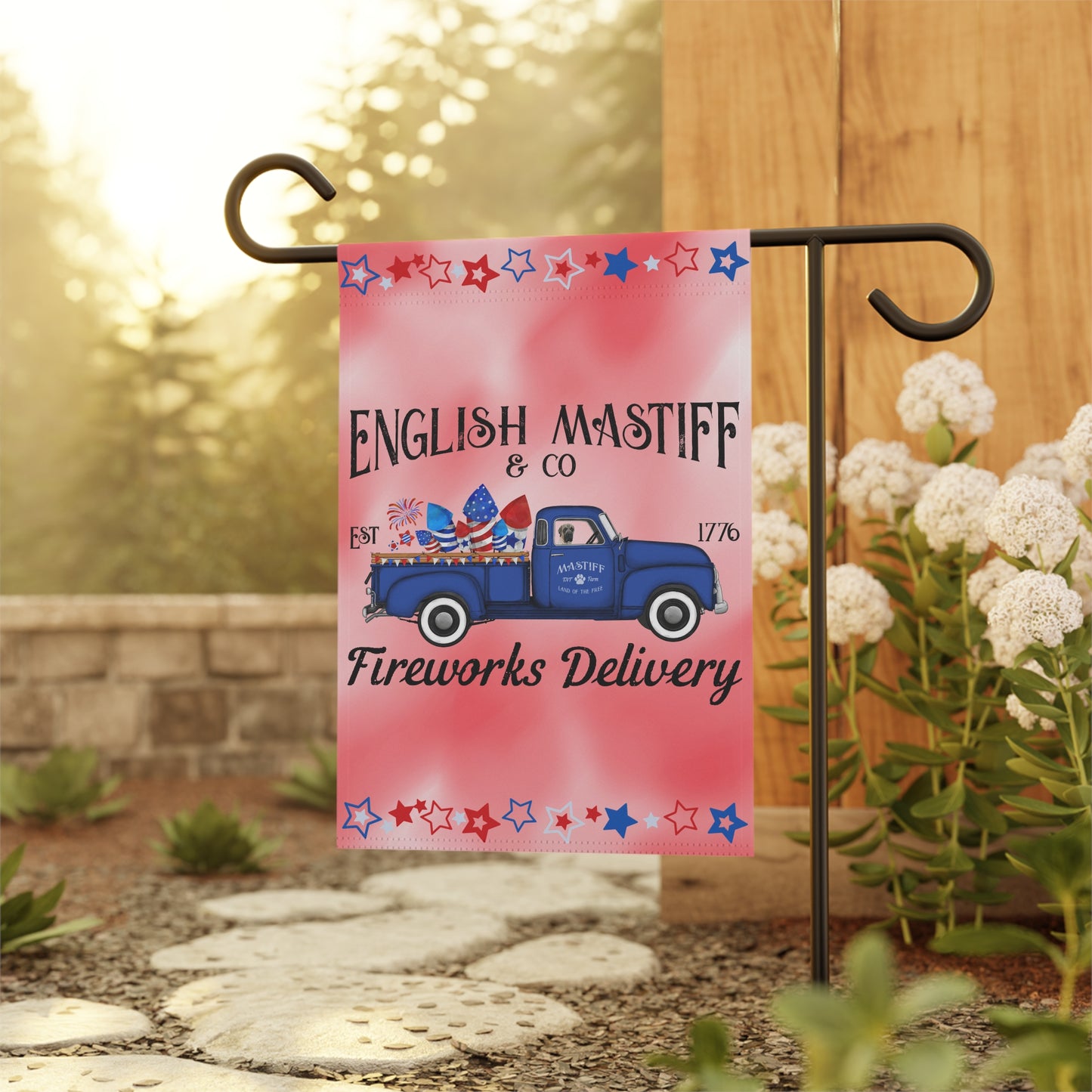 English Mastiffs Fireworks Garden Flag