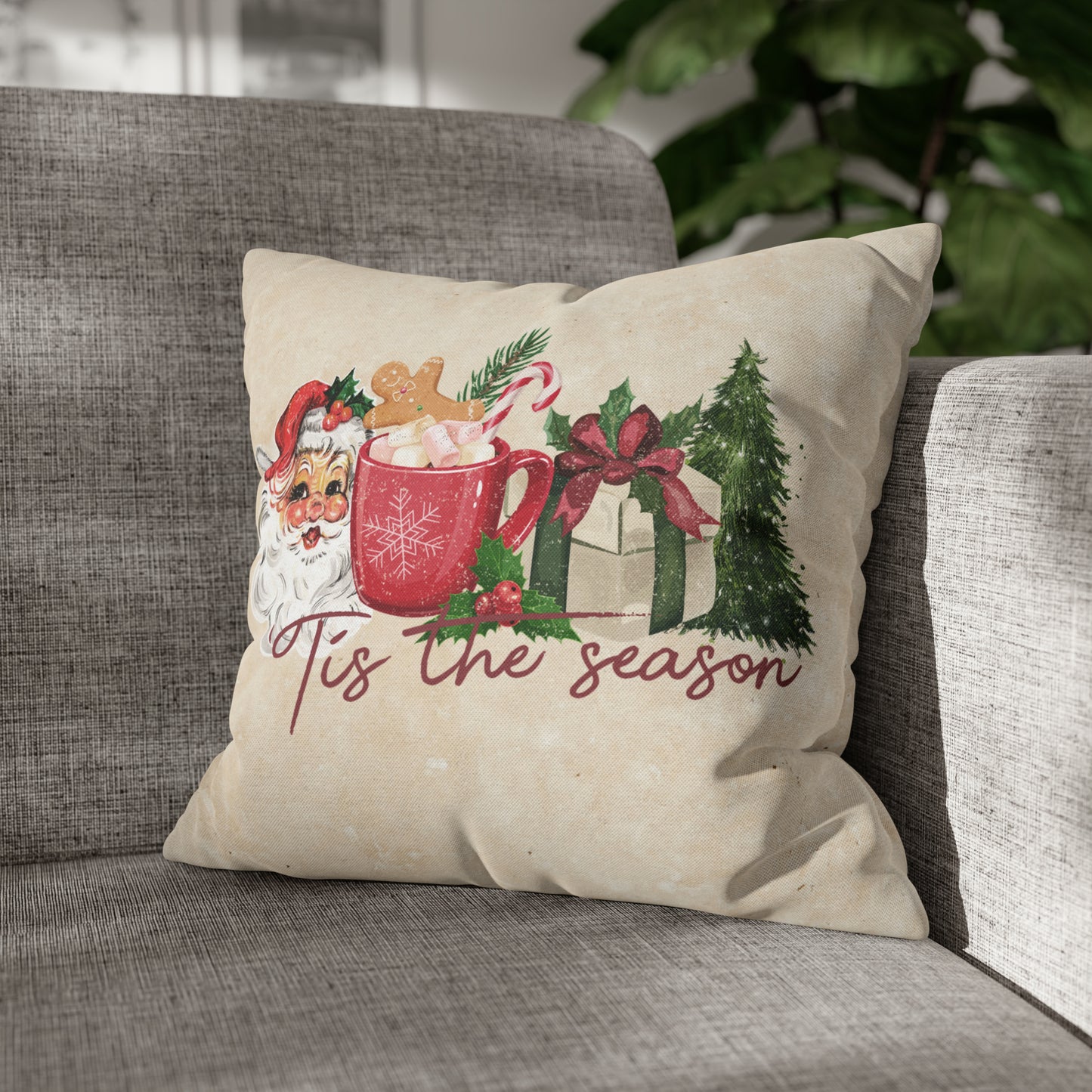 Tis The Season Vintage Santa Spun Polyester Square Pillow Case 16" × 16"