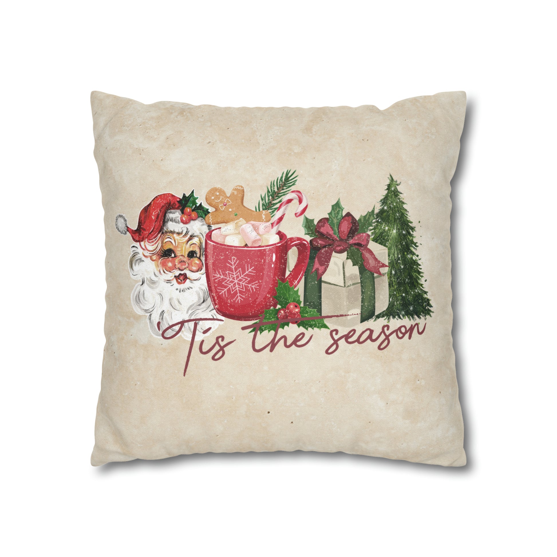 Tis The Season Vintage Santa Spun Polyester Square Pillow Case