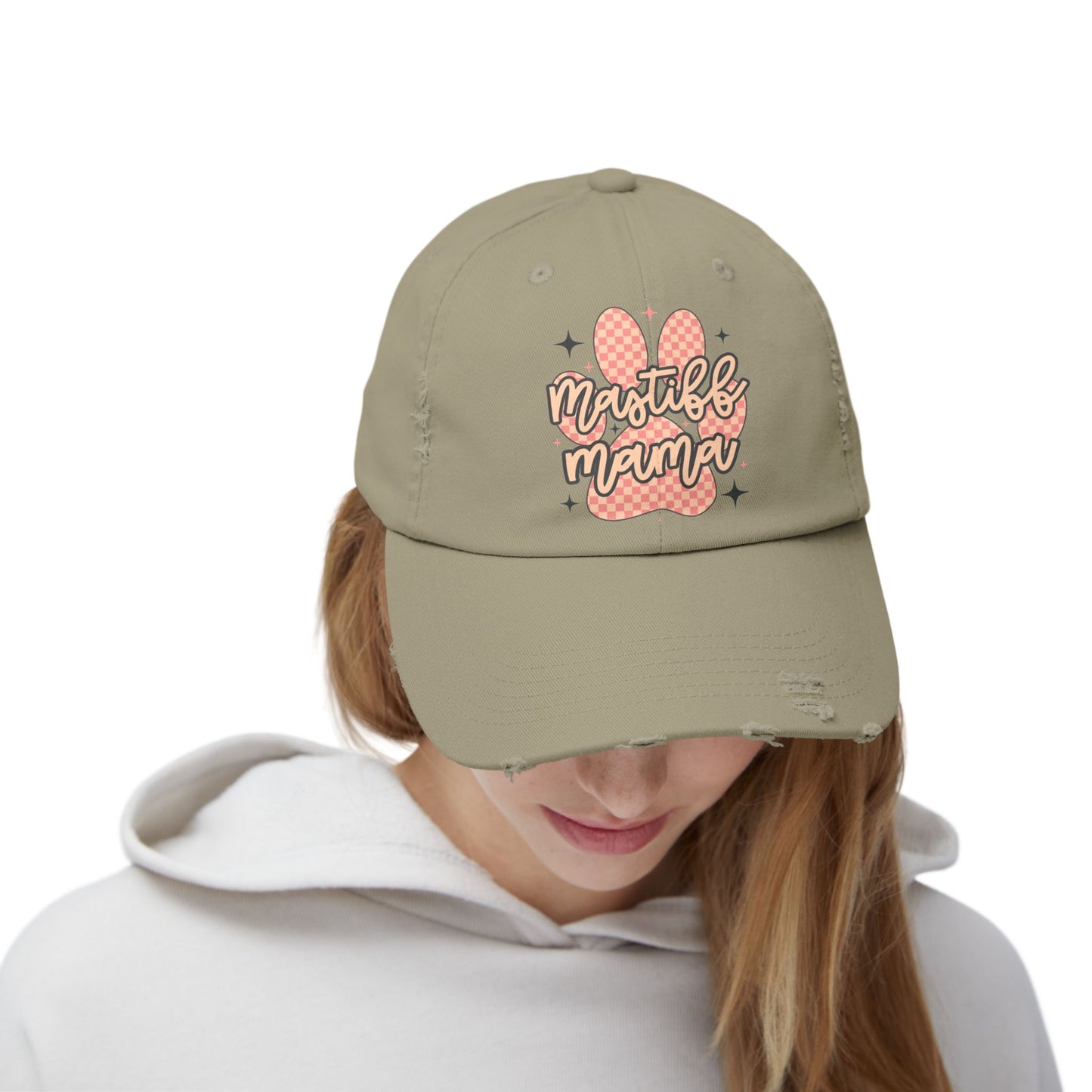 Mastiff Mama Check Paw  <Unisex Distressed Cap