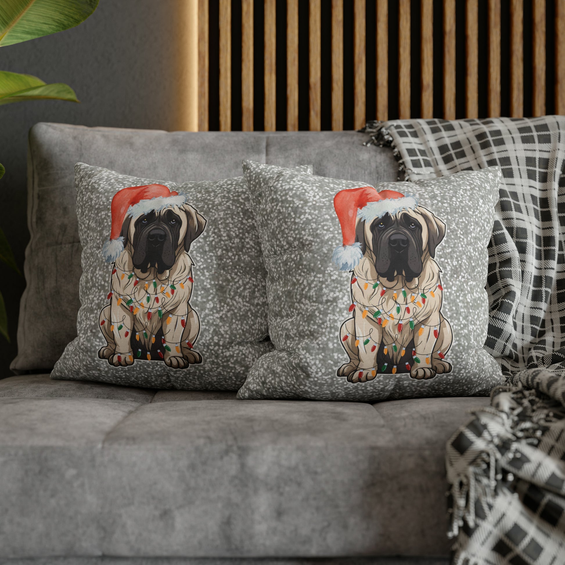 Mastiff Tangled in Lights Spun Polyester Square Pillow Case 16" × 16"