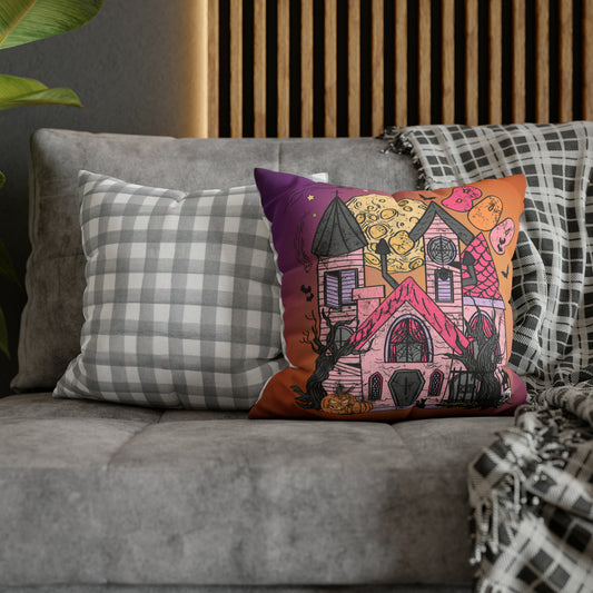 Haunted House Spun Polyester Square Pillow Case 16" × 16"