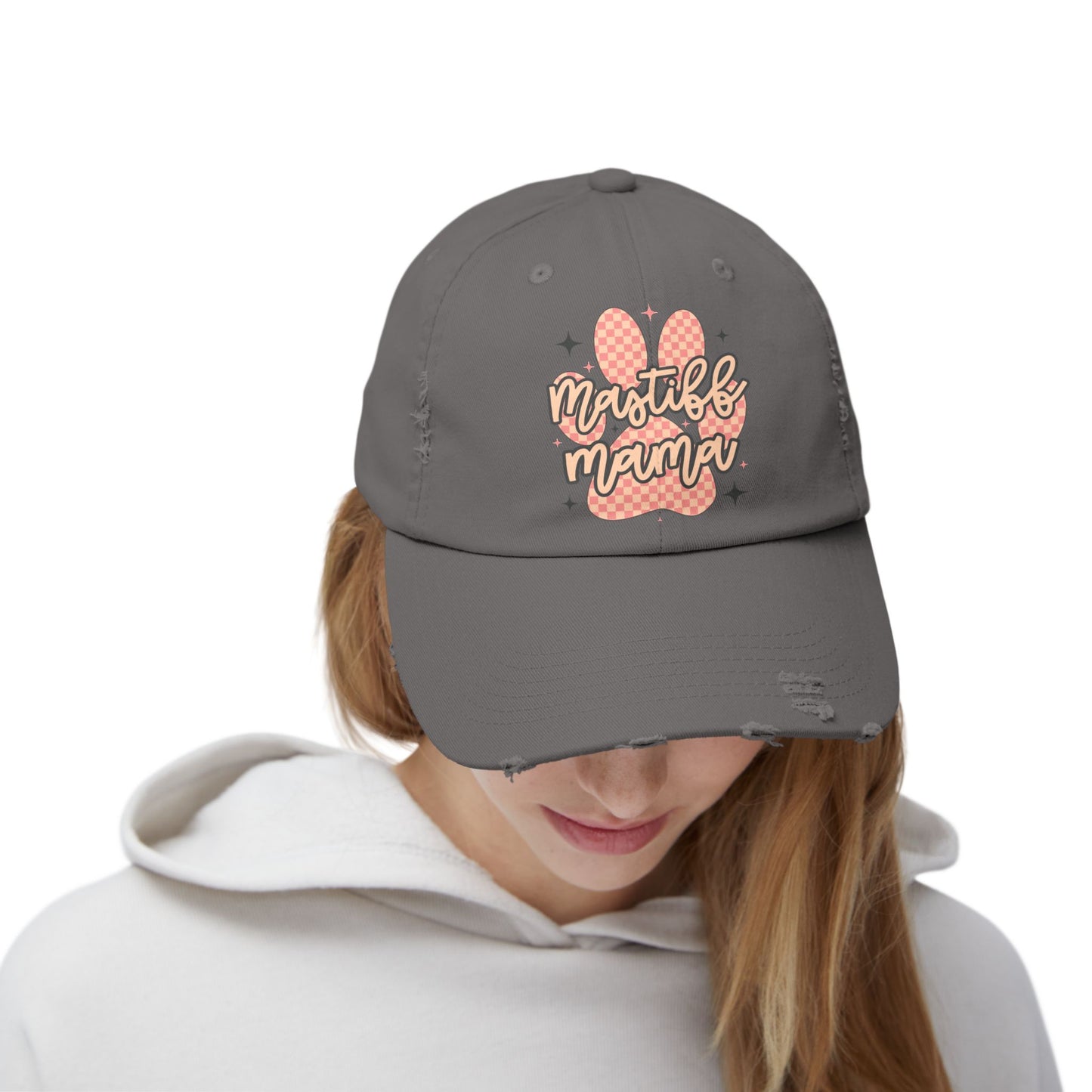 Mastiff Mama Check Paw  <Unisex Distressed Cap