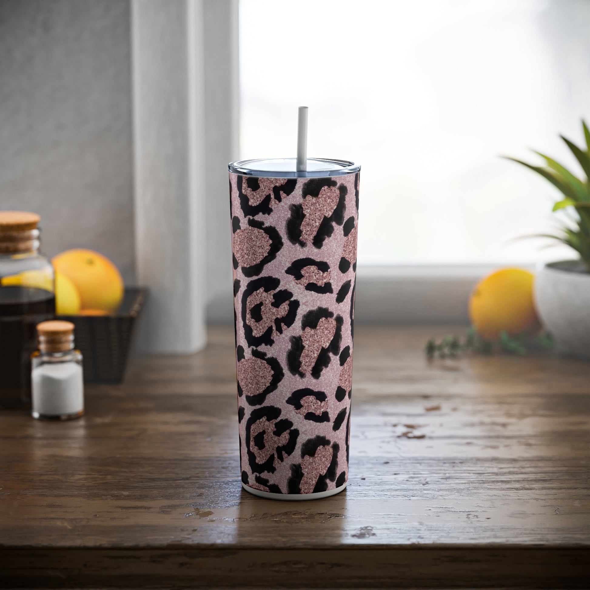 Pink Glitter Leopard Skinny Steel Tumbler with Straw, 20oz