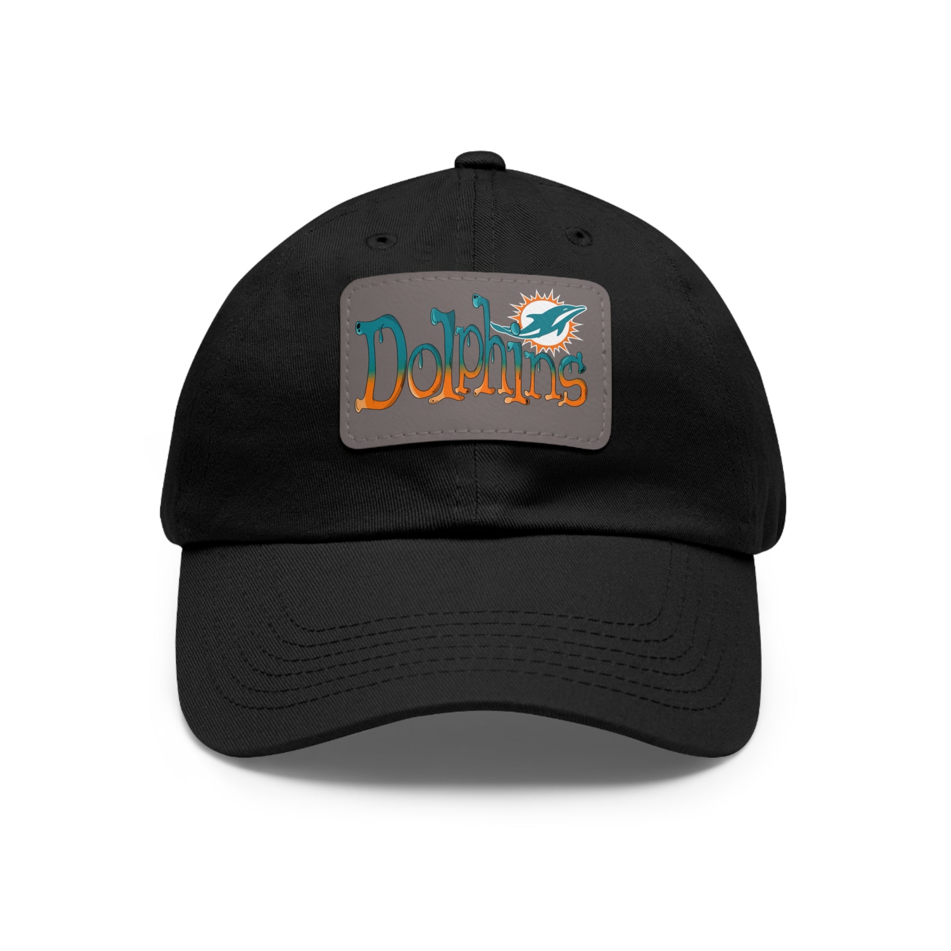 Miami Dolphins Dad Hat with Leather Patch (Rectangle) Black / Grey patch Rectangle One size