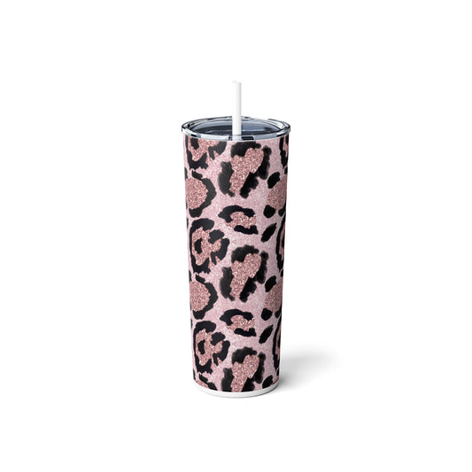 Pink Glitter Leopard Skinny Steel Tumbler with Straw, 20oz White 20oz Glossy