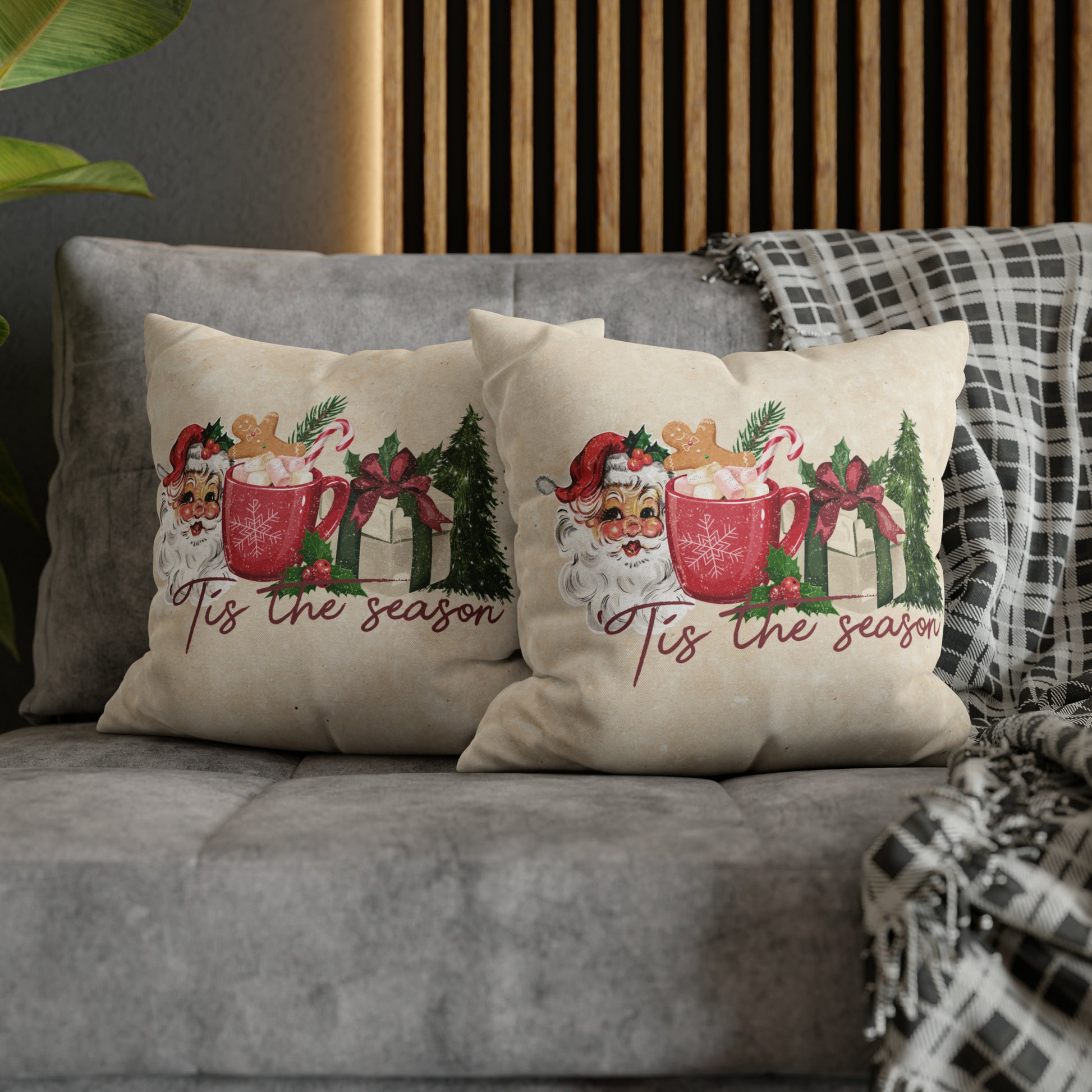 Tis The Season Vintage Santa Spun Polyester Square Pillow Case