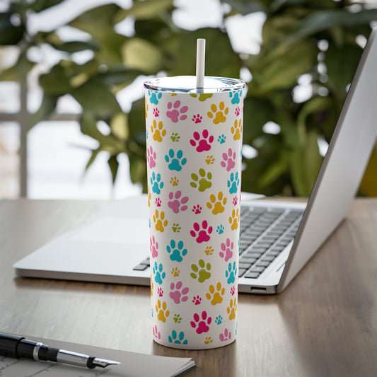 Paw Prints Skinny Steel Tumbler with Straw, 20oz White 20oz Glossy