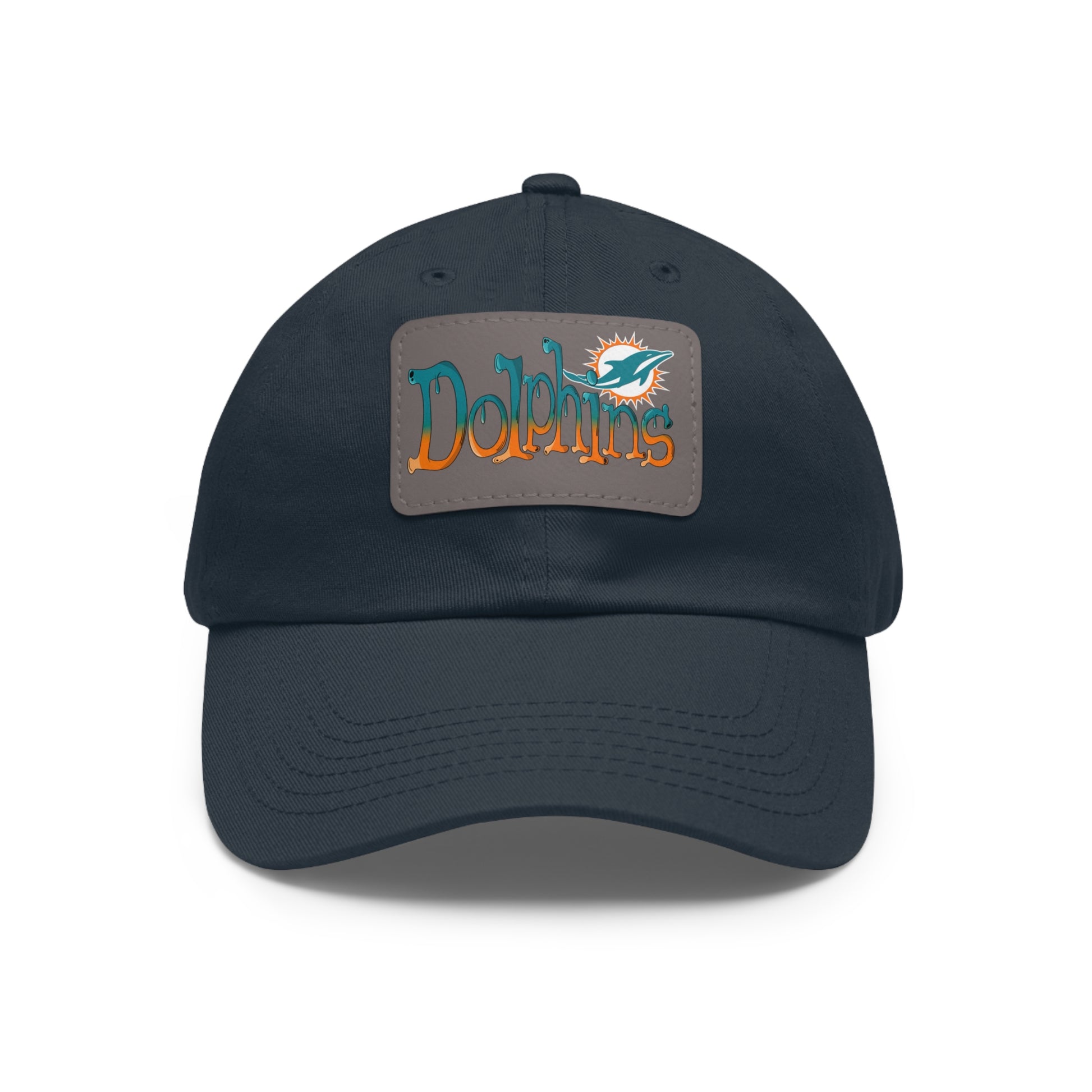 Miami Dolphins Dad Hat with Leather Patch (Rectangle) Navy / Grey patch Rectangle One size