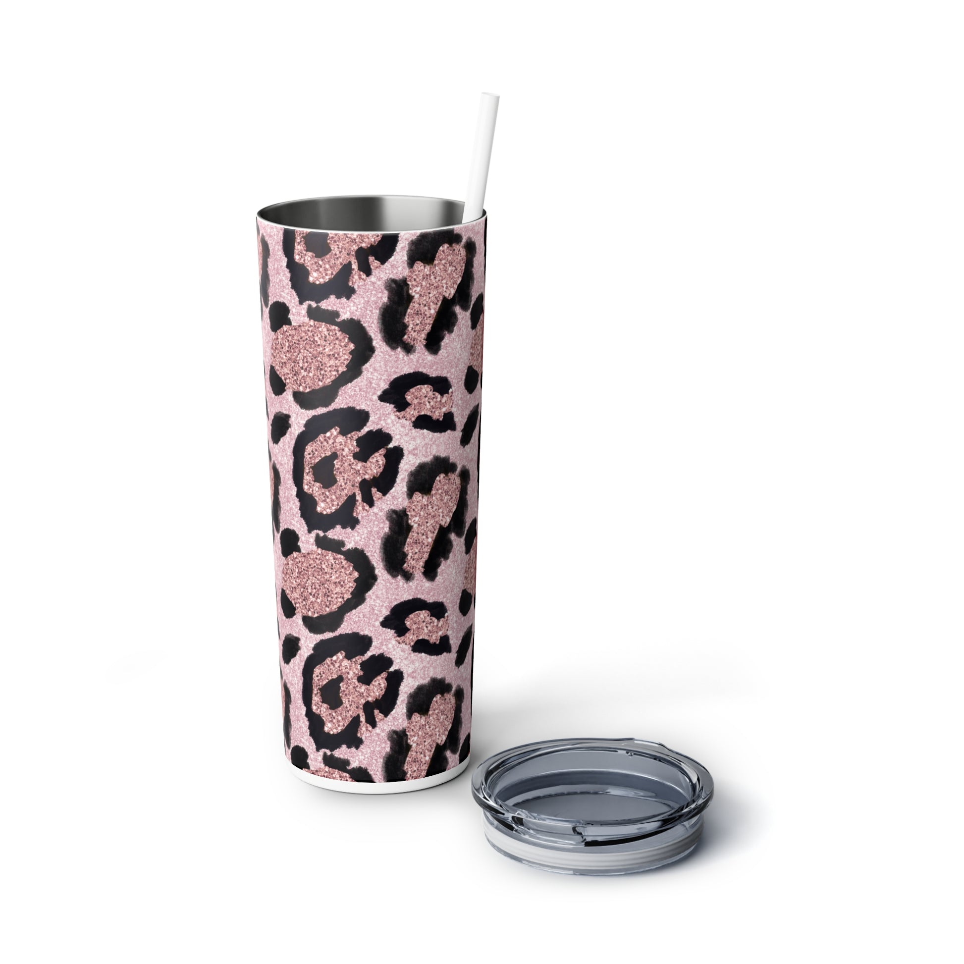 Pink Glitter Leopard Skinny Steel Tumbler with Straw, 20oz