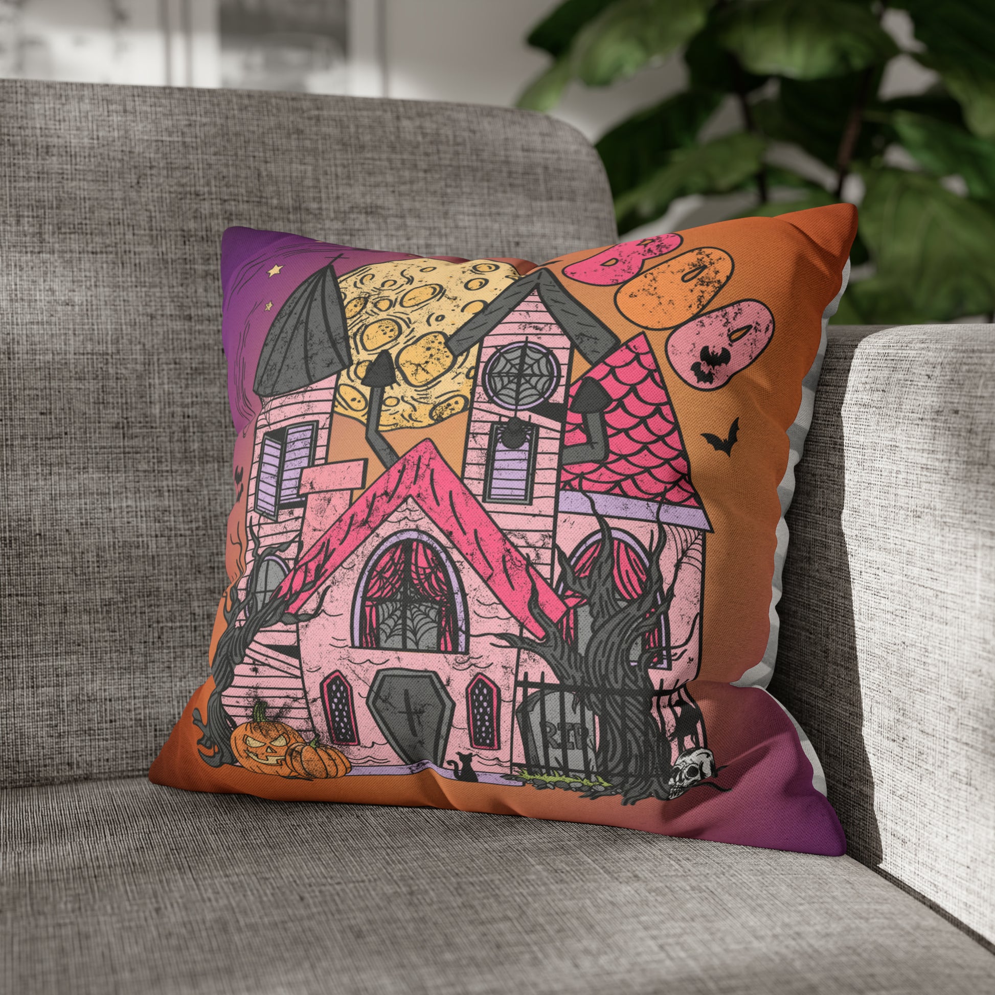 Haunted House Spun Polyester Square Pillow Case