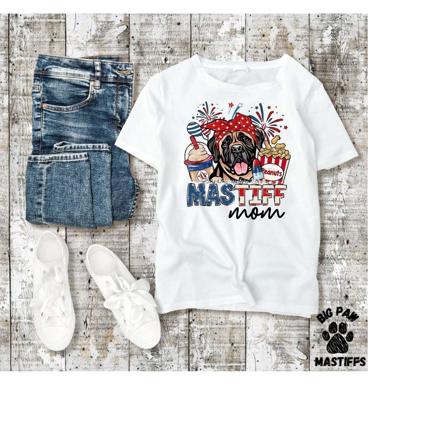 Patriotic Mastiff Mom T-Shirt (Sand/White Option)