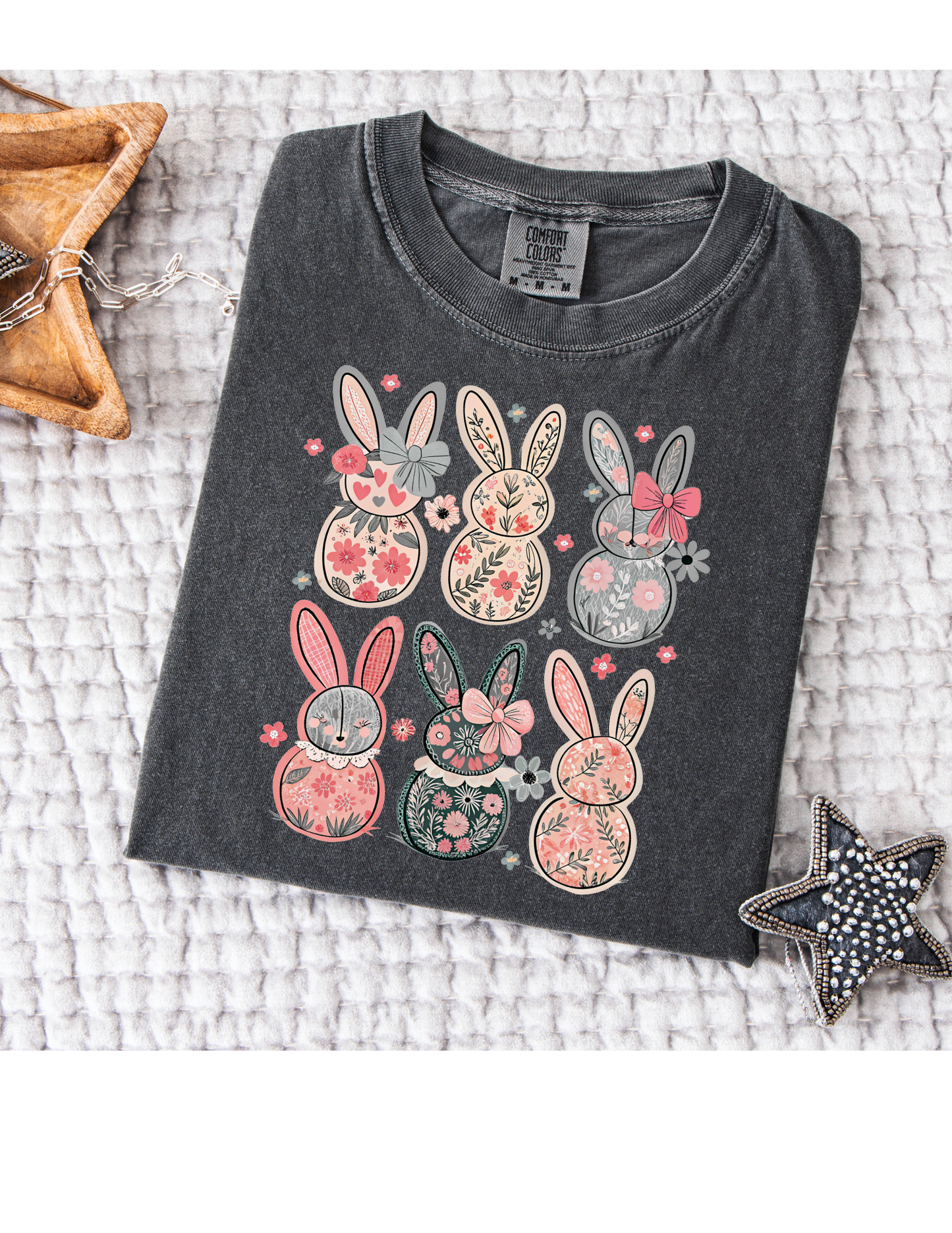 Bunny Stacked Flowers Comfort Colors Pepper T Shirt