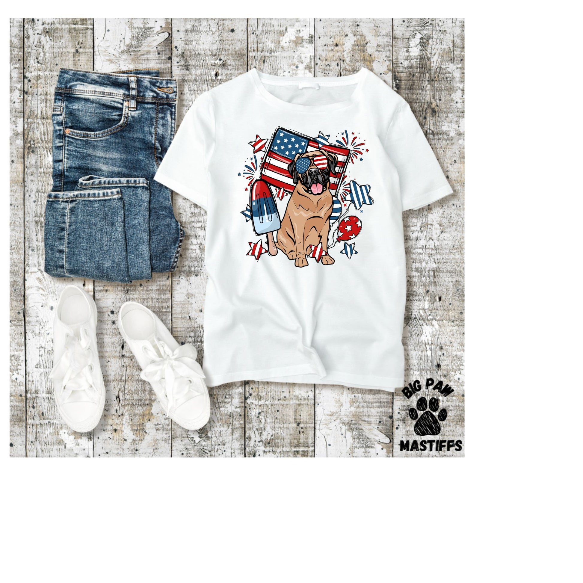 Mastiff Patriotic T-Shirt (Sand/White Option)