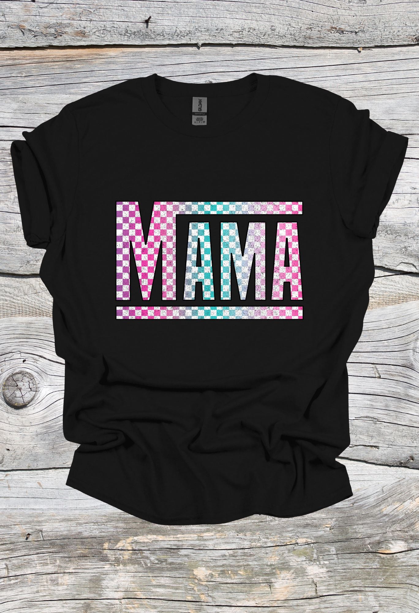 Mama Checkered Rainbow Print T Shirt