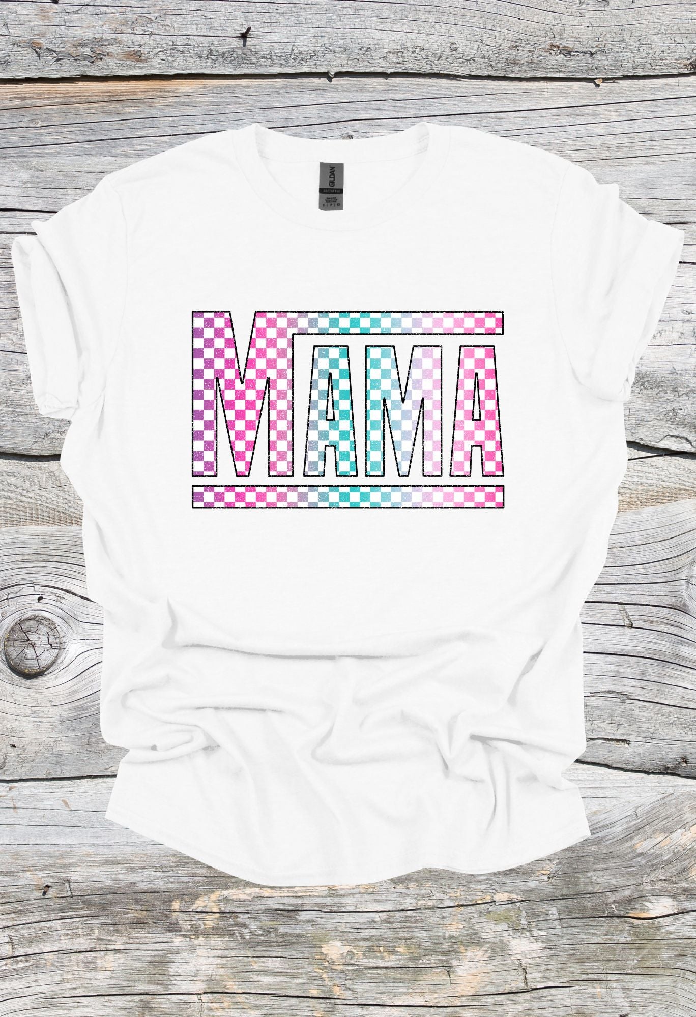 Mama Checkered Rainbow Print T Shirt